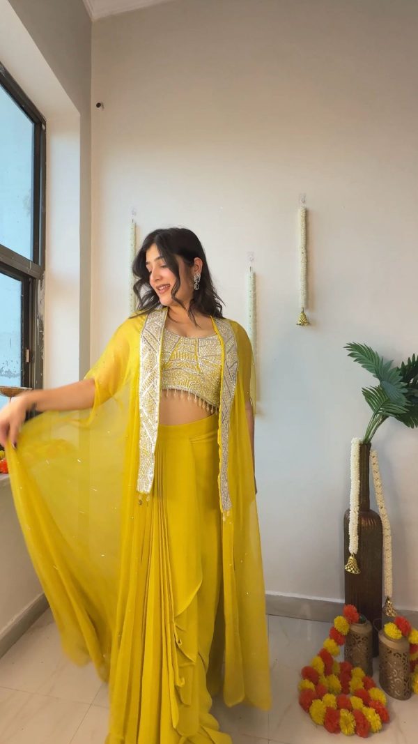 Yellow Georgette Sequence Work On Front Dhoti Suit - Image 6