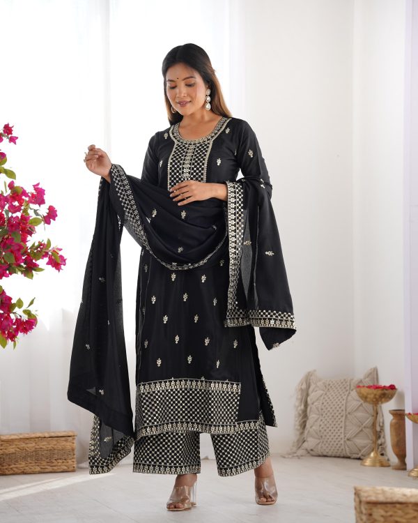 Black Chinon Silk Embroidery Jari Work Salwar Suit - Image 10