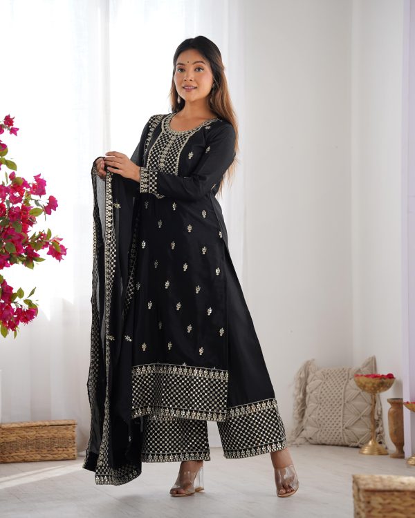 Black Chinon Silk Embroidery Jari Work Salwar Suit - Image 2