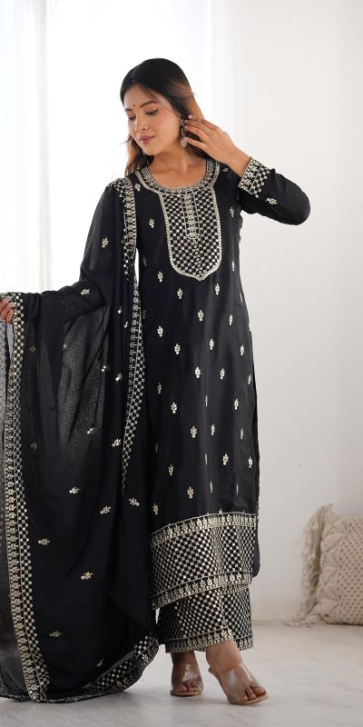 Lovely Black Color Chinon Silk Embroidery With Jari Work Salwar Suit