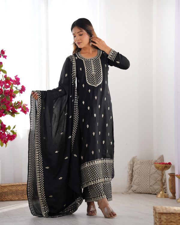 Lovely Black Color Chinon Silk Embroidery With Jari Work Salwar Suit