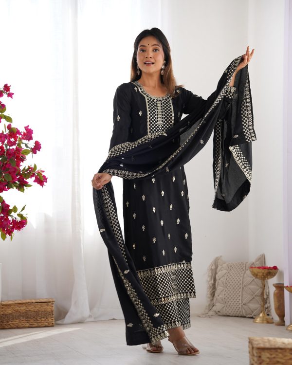 Black Chinon Silk Embroidery Jari Work Salwar Suit - Image 3