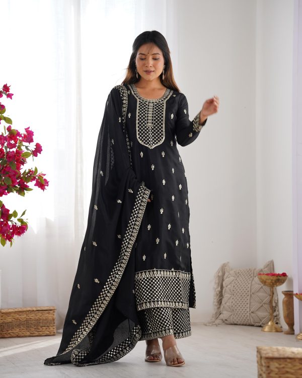 Black Chinon Silk Embroidery Jari Work Salwar Suit - Image 12