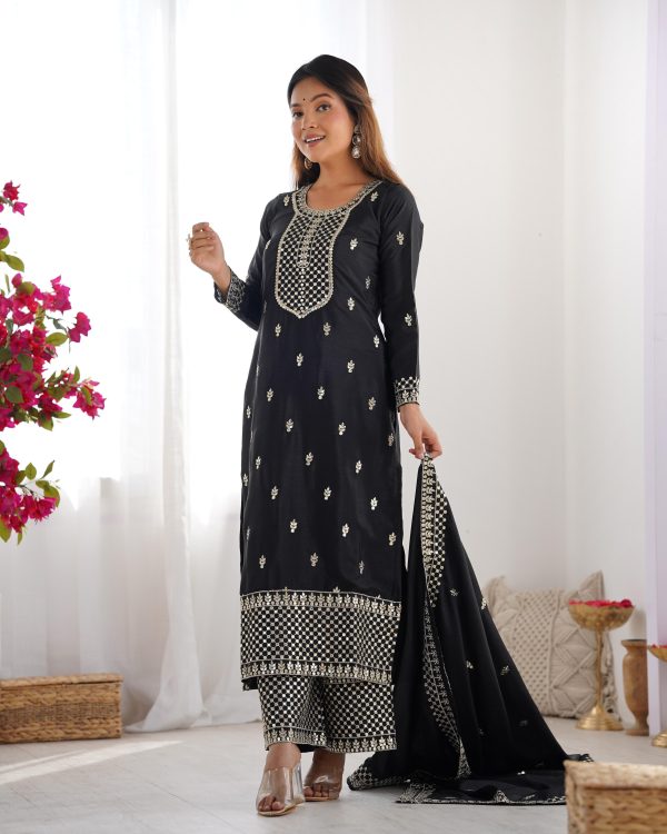 Black Chinon Silk Embroidery Jari Work Salwar Suit - Image 6