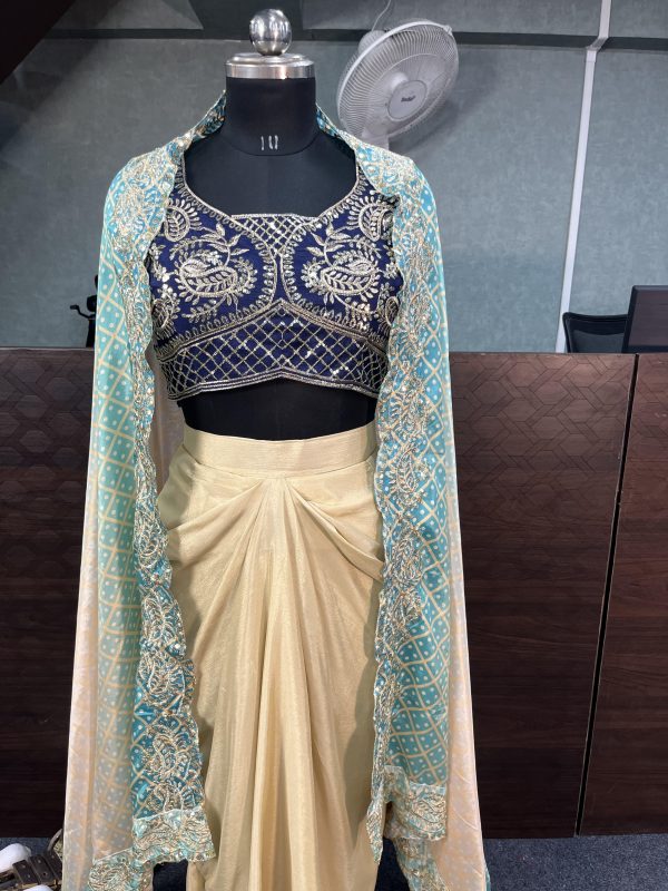 Blue Chinon Silk Embroidery Sequins Work Dhoti Suit - Image 2