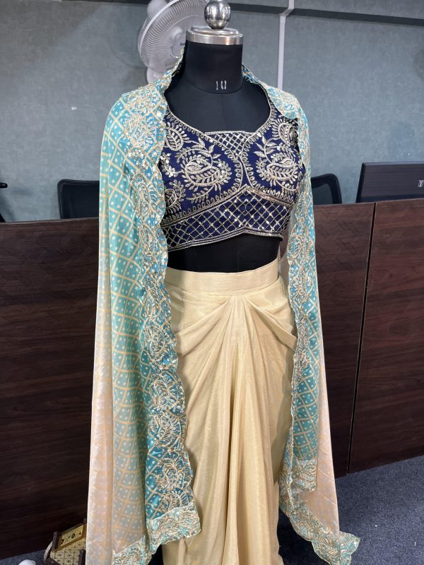 Blue Chinon Silk Embroidery Sequins Work Dhoti Suit - Image 3