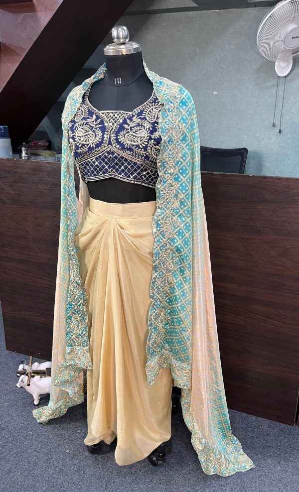 Blue Chinon Silk Embroidery Sequins Work Dhoti Suit - Image 4