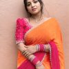 Lovely Orange And Pink Color Chinnon Embroidery Sequence Saree