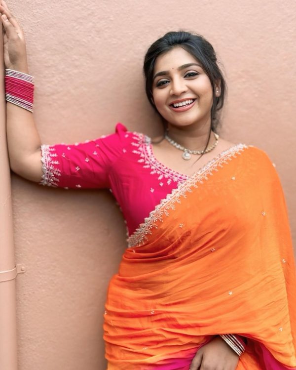 Orange And Pink Chinnon Embroidery Sequence Saree - Image 3