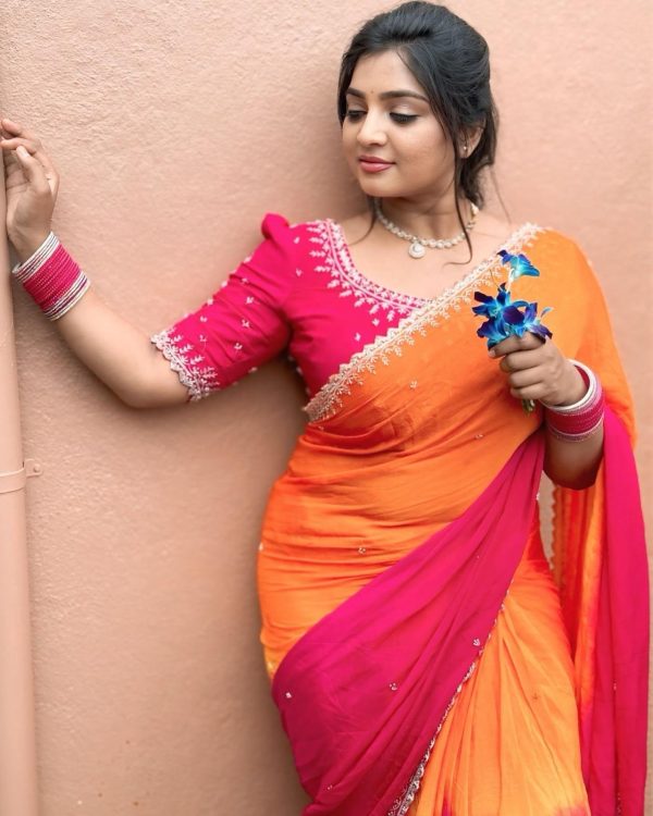 Orange And Pink Chinnon Embroidery Sequence Saree - Image 4