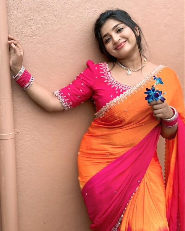 Orange And Pink Chinnon Embroidery Sequence Saree - Image 5