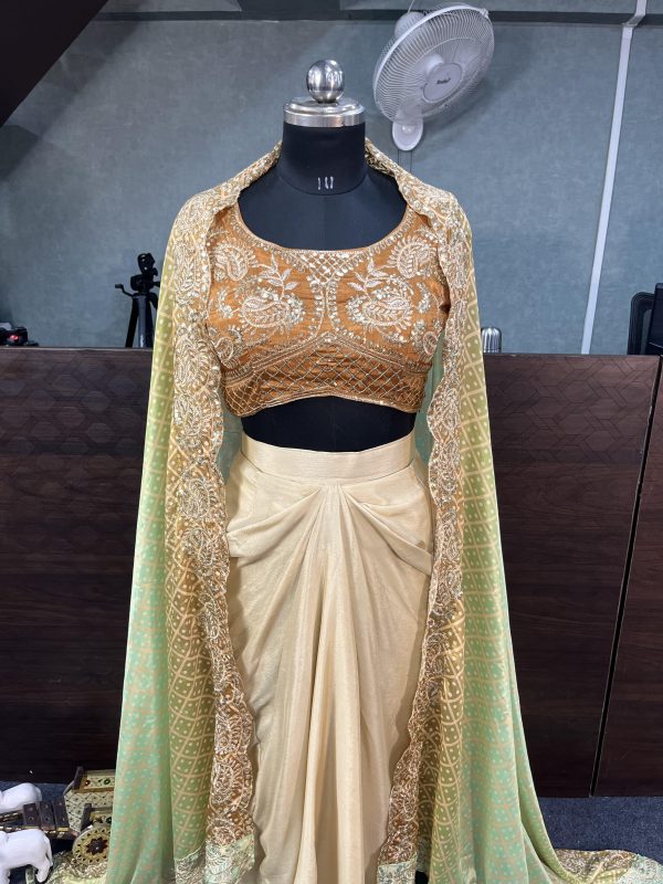 Orange Chinon Silk Embroidery Sequins Work Dhoti Suit - Image 2