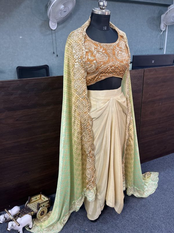 Orange Chinon Silk Embroidery Sequins Work Dhoti Suit - Image 3