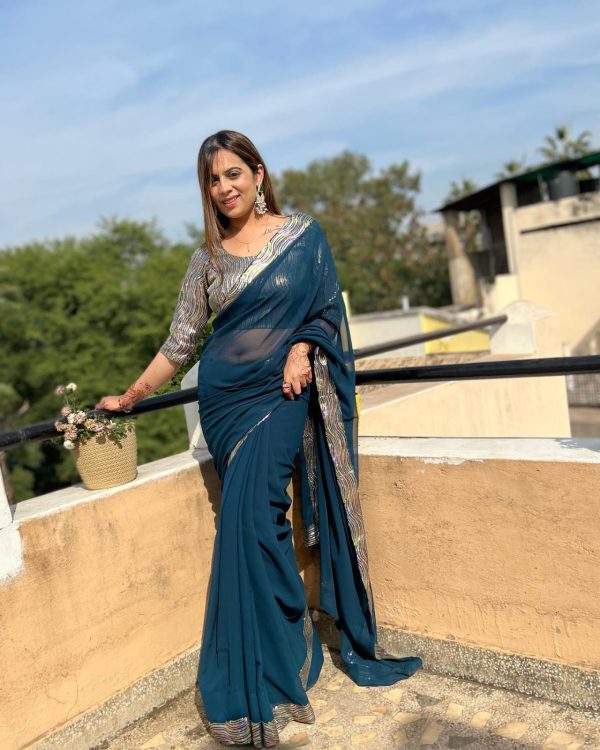 Peacock Blue Georgette Sequence Work Lace Saree - Image 2