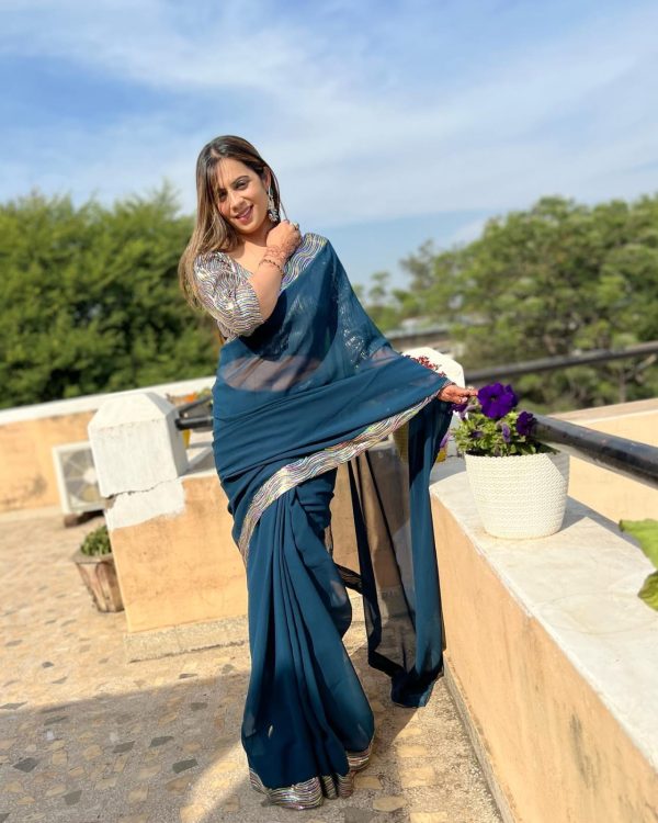 Peacock Blue Georgette Sequence Work Lace Saree - Image 3