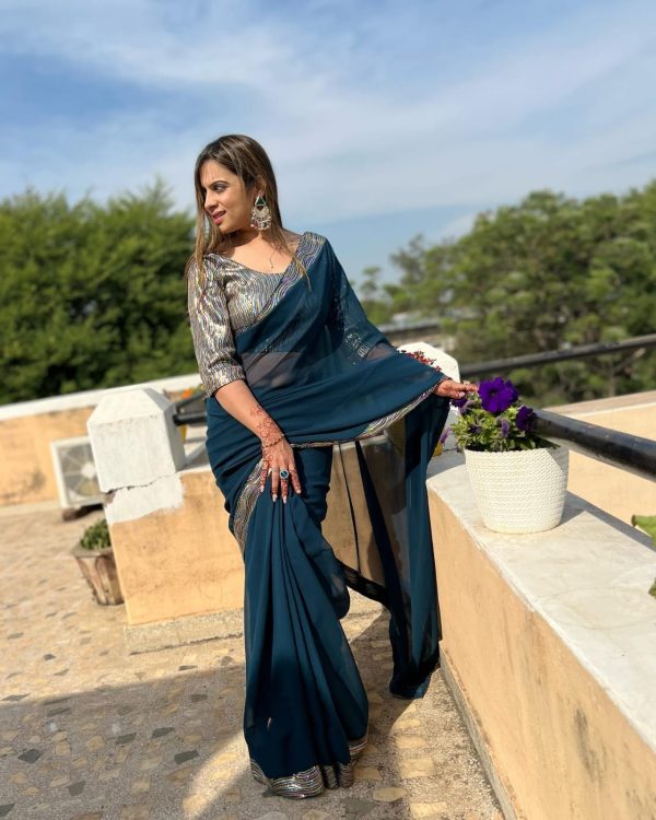 Peacock Blue Georgette Sequence Work Lace Saree - Image 4
