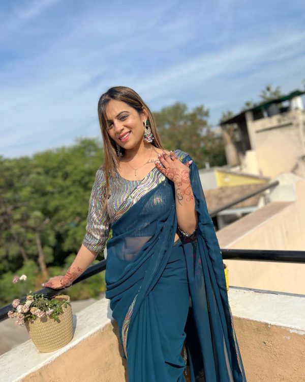 Peacock Blue Georgette Sequence Work Lace Saree - Image 5