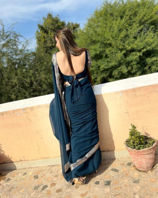 Peacock Blue Georgette Sequence Work Lace Saree - Image 6