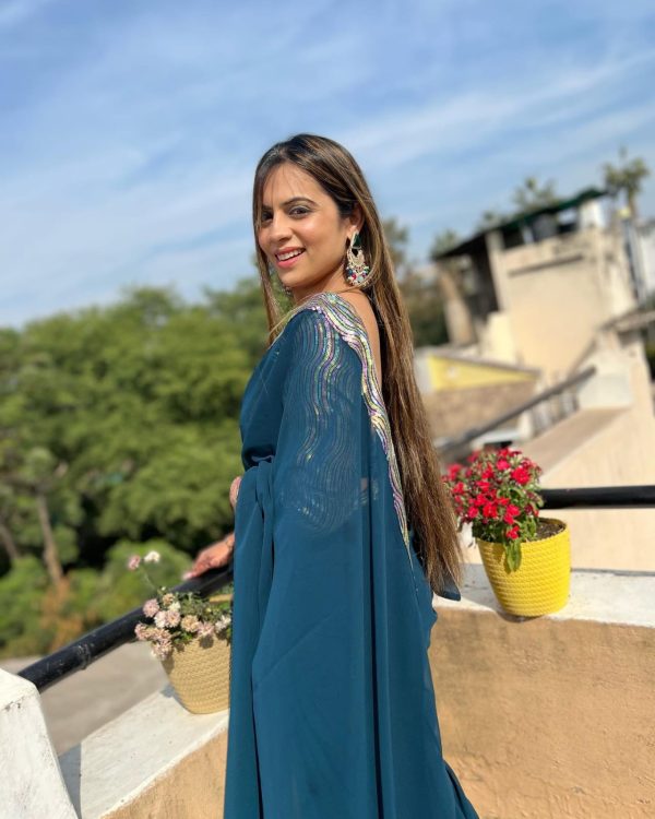 Peacock Blue Georgette Sequence Work Lace Saree - Image 7