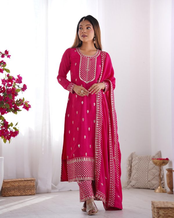 Lovely Pink Color Chinon Silk Embroidery With Jari Work Salwar Suit