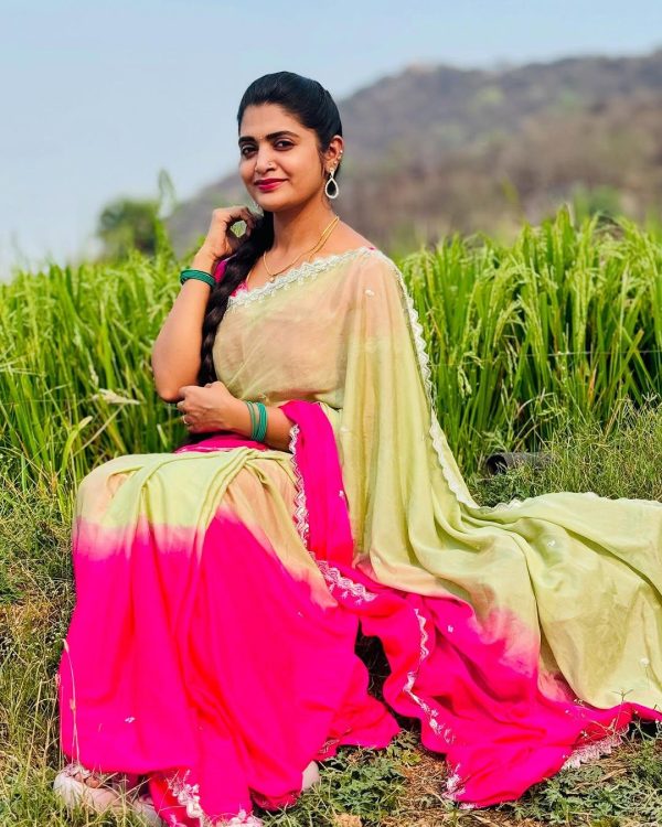 Pista And Pink Chinnon Embroidery Sequence Saree - Image 4