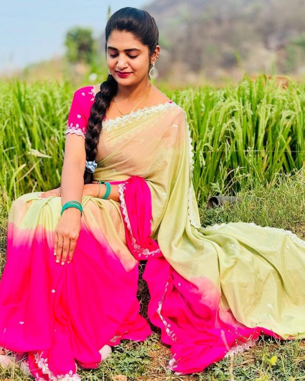 Pista And Pink Chinnon Embroidery Sequence Saree - Image 5