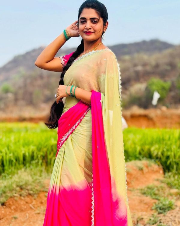 Pista And Pink Chinnon Embroidery Sequence Saree - Image 6