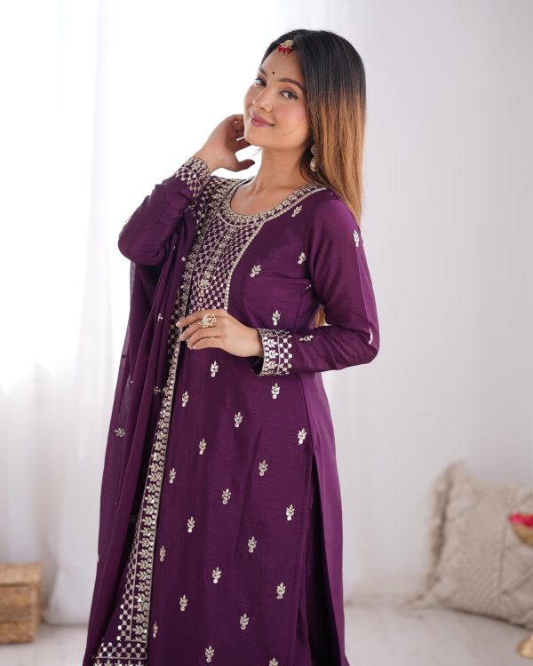 Wine Chinon Silk Embroidery Jari Work Salwar Suit - Image 10