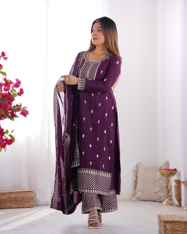 Wine Chinon Silk Embroidery Jari Work Salwar Suit - Image 2