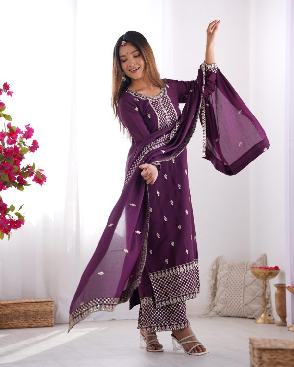 Wine Chinon Silk Embroidery Jari Work Salwar Suit - Image 4