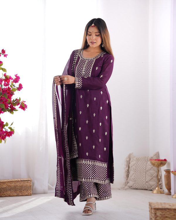 Wine Chinon Silk Embroidery Jari Work Salwar Suit - Image 5