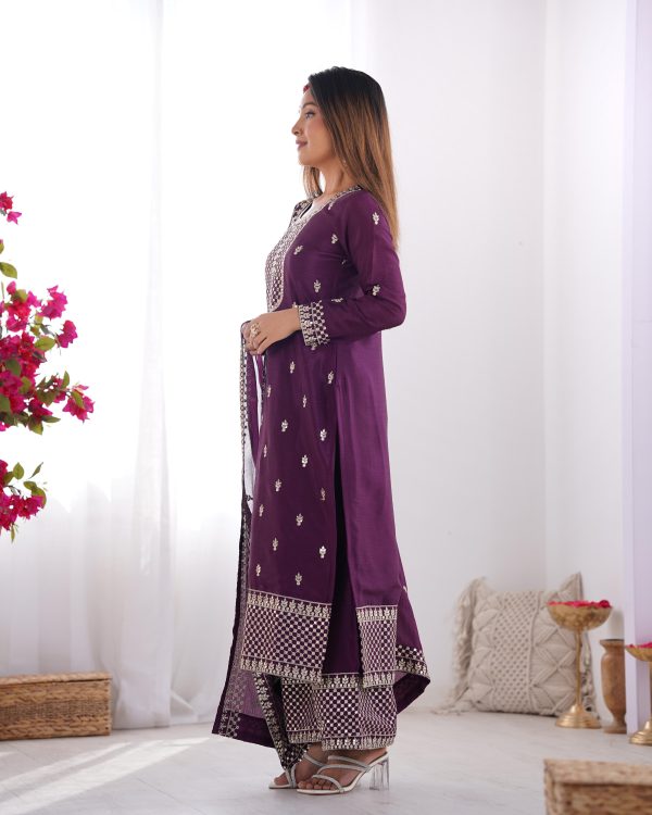 Wine Chinon Silk Embroidery Jari Work Salwar Suit - Image 6