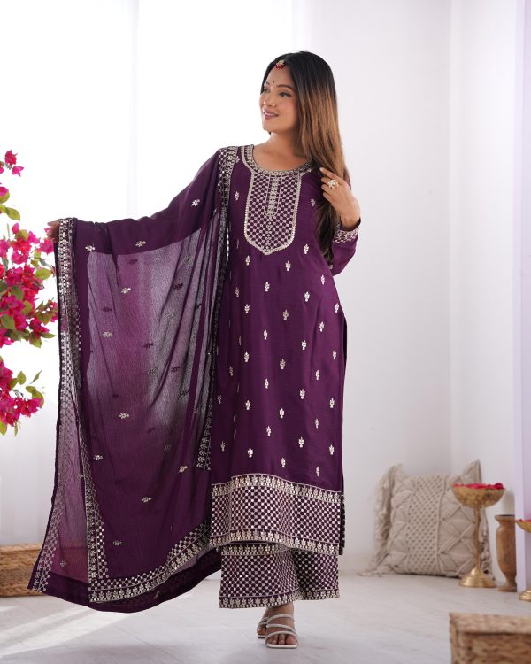 Lovely Wine Color Chinon Silk Embroidery With Jari Work Salwar Suit