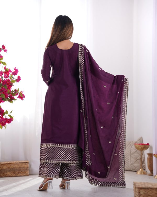Wine Chinon Silk Embroidery Jari Work Salwar Suit - Image 7