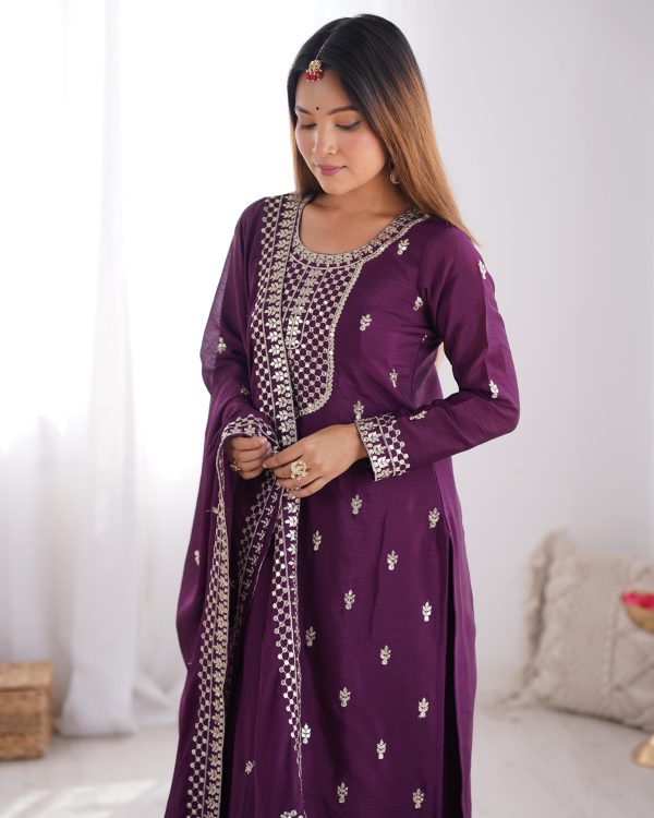 Wine Chinon Silk Embroidery Jari Work Salwar Suit - Image 8