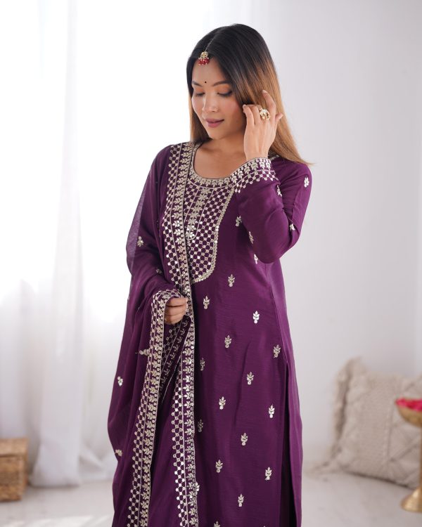 Wine Chinon Silk Embroidery Jari Work Salwar Suit - Image 9