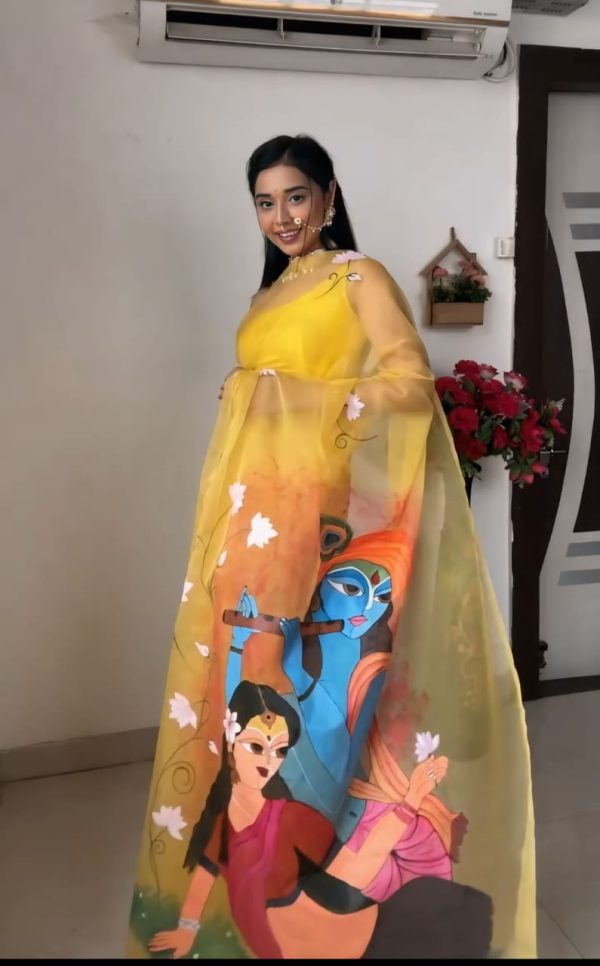 Yellow Soft Organza Silk Ready To Wear Saree - Image 2