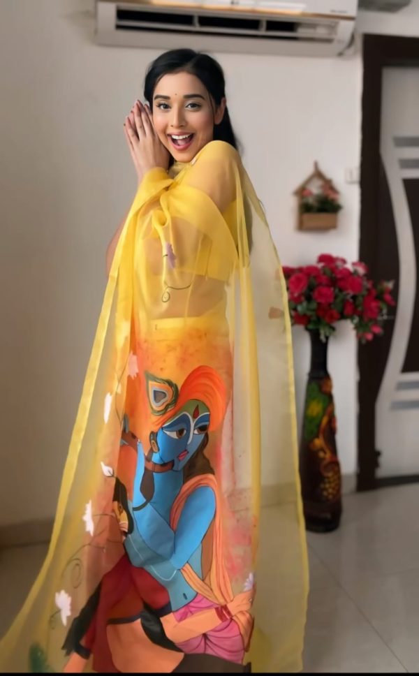 Yellow Soft Organza Silk Ready To Wear Saree - Image 3