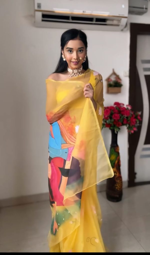 Yellow Soft Organza Silk Ready To Wear Saree - Image 5