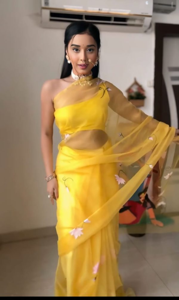 Yellow Soft Organza Silk Ready To Wear Saree - Image 7