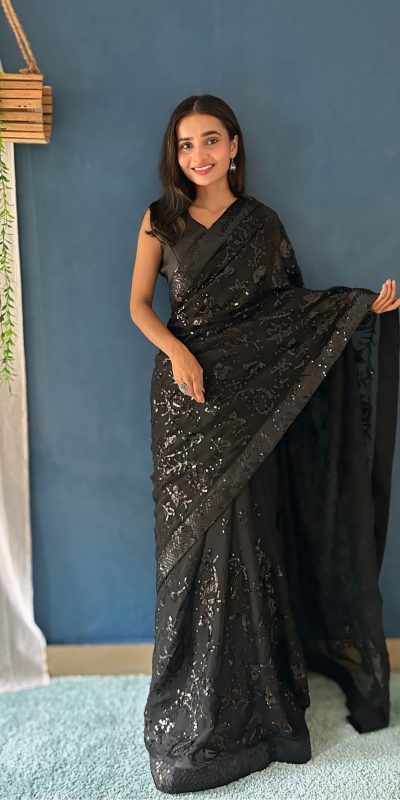 Magical Black Color Georgette Sequence Work Saree