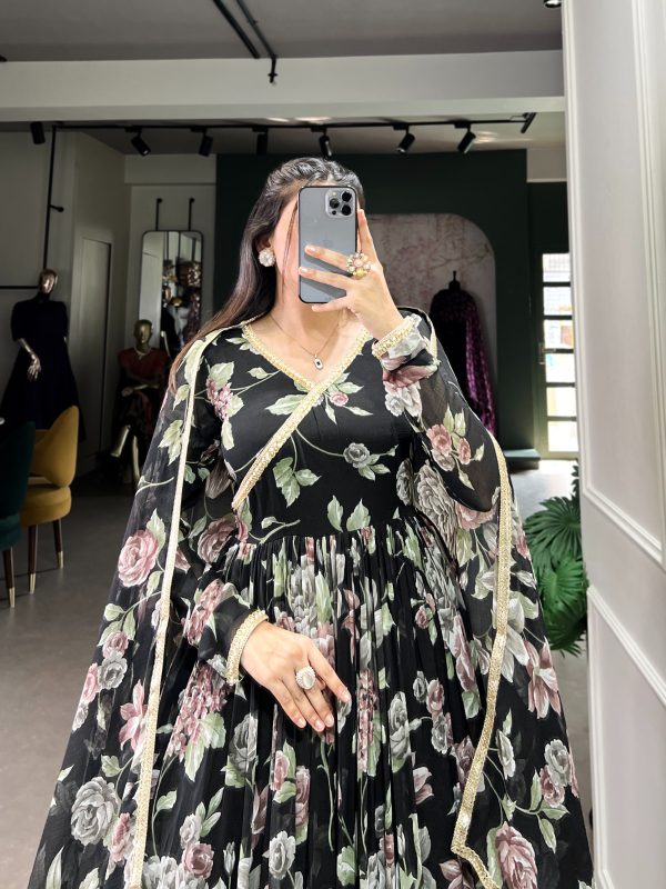 Black Marble Floral Print Lace Touch Up Gown - Image 2