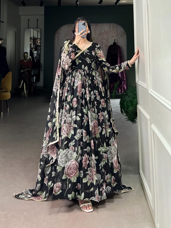 Black Marble Floral Print Lace Touch Up Gown - Image 3