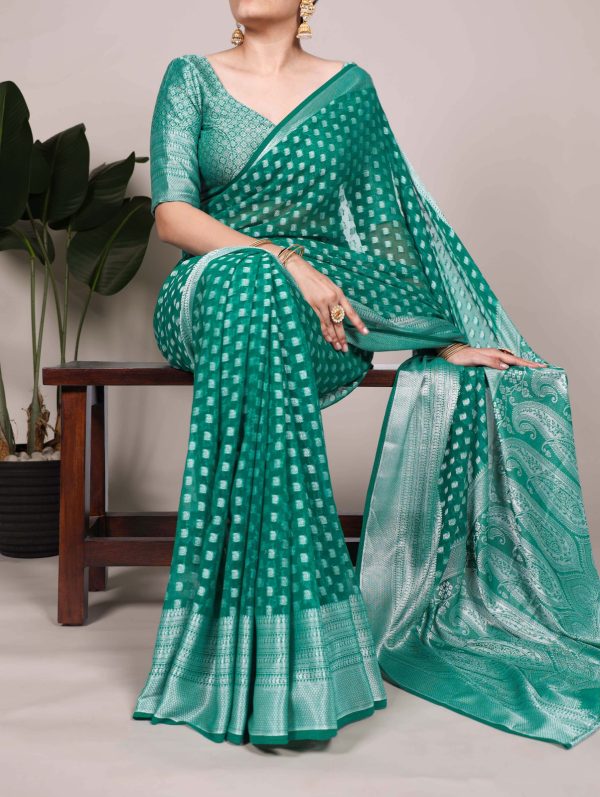 Firozi Nylon Georgette Zari Weaving Work Saree - Image 4