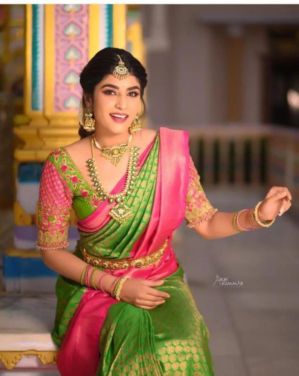 Green Soft Litchi Silk Jacquard Work On All Over Saree - Image 2