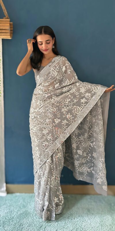 Magical Grey Color Georgette Sequence Work Saree