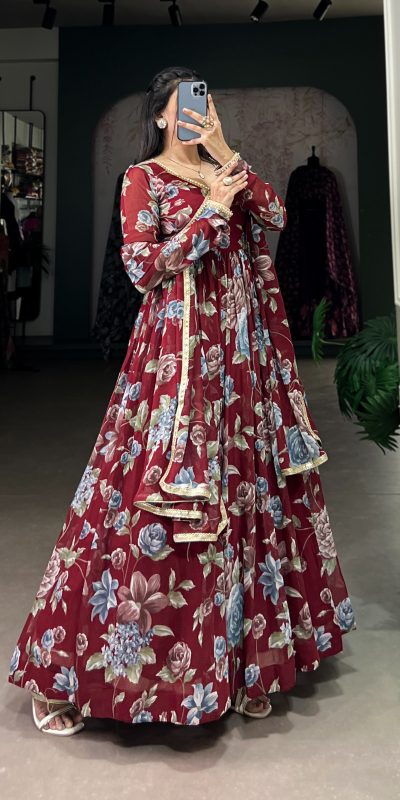 Magical Maroon Color Marble Floral Print Lace Touch Up Gown