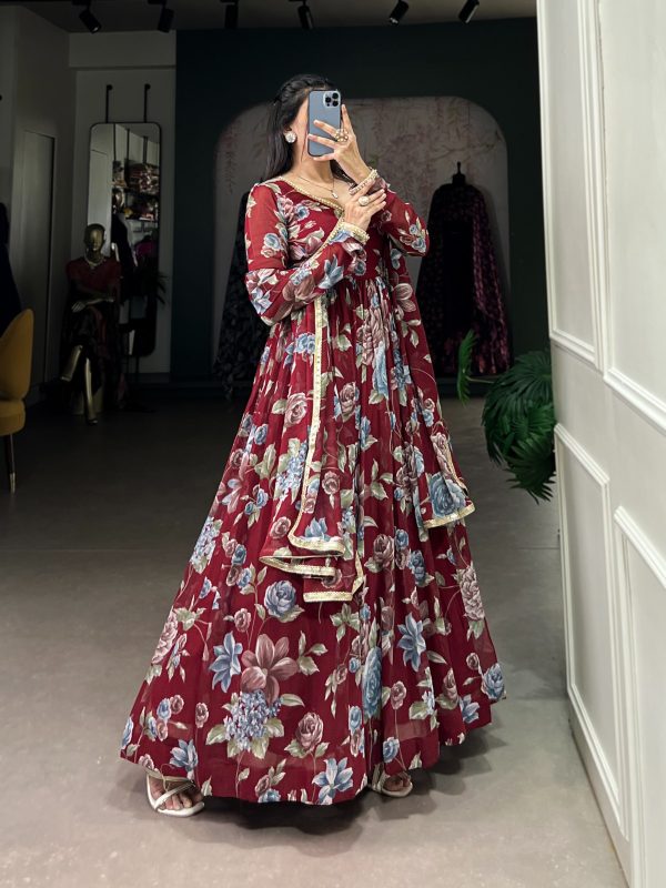 Magical Maroon Color Marble Floral Print Lace Touch Up Gown