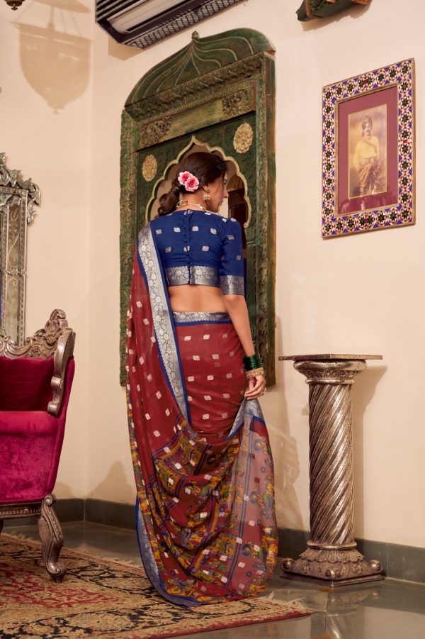 Maroon Poly Cotton Print Saree - Image 2