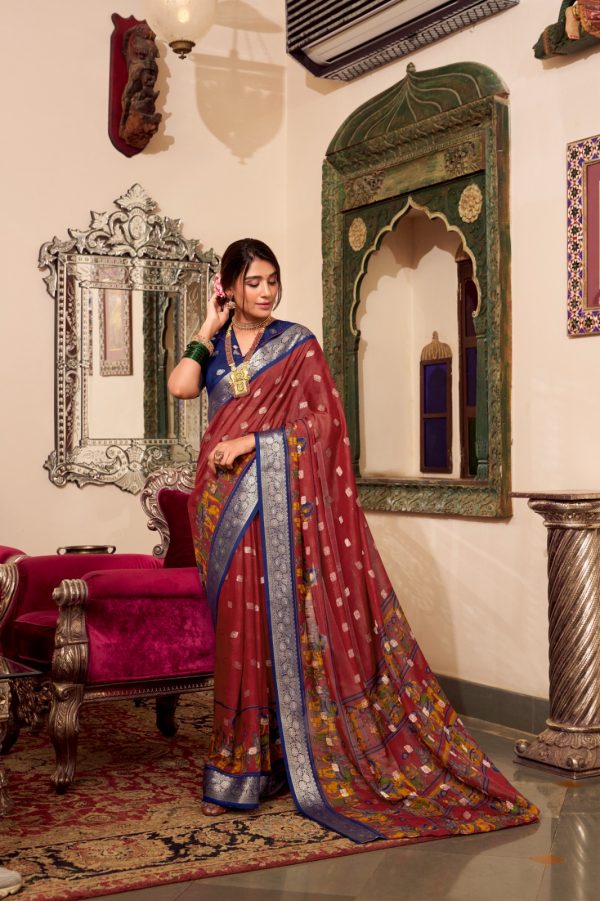 Maroon Poly Cotton Print Saree - Image 4